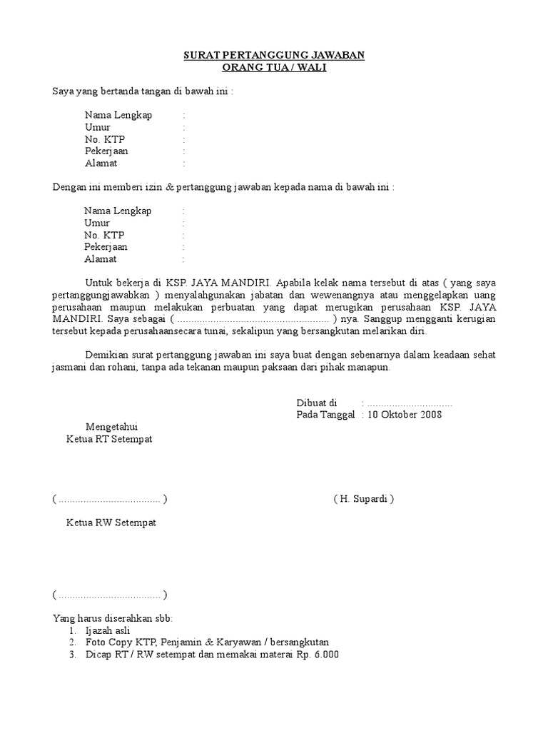 Contoh Surat Pertanggung Jawaban Orang Tua Pdf