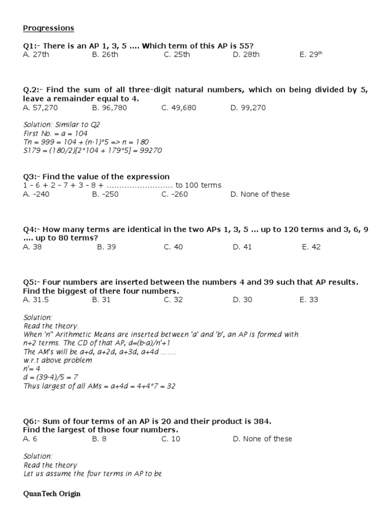 Progression Class Questions With Partial Solutions