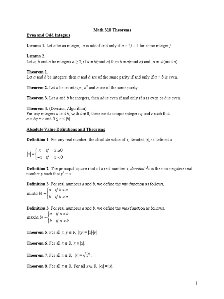 Math 310 Theorems on Integers and Absolute Values | PDF | Teaching ...