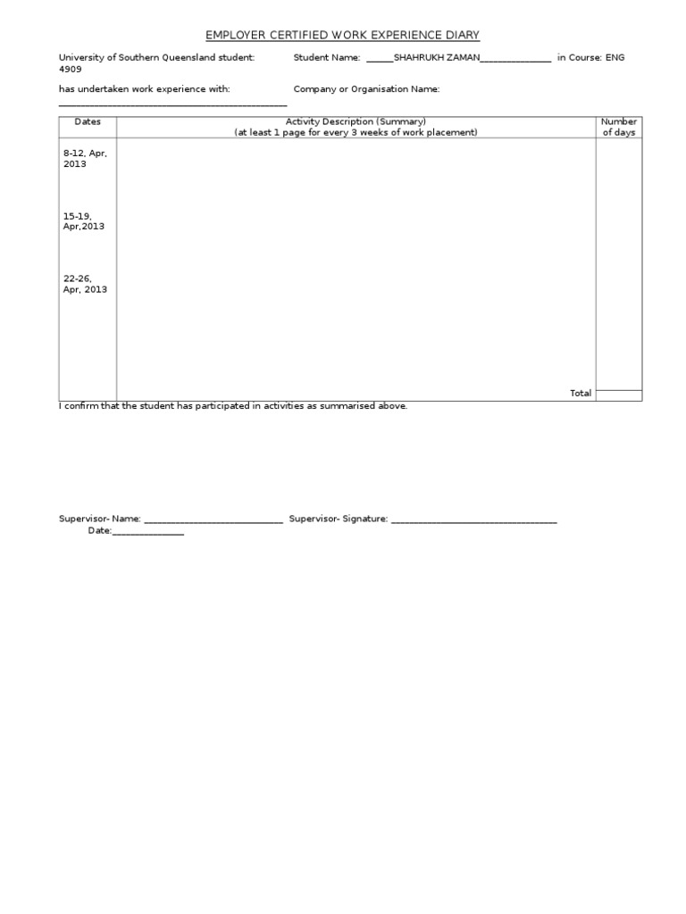 SRZ Work Exp Diary v4.1 | PDF | Career & Growth