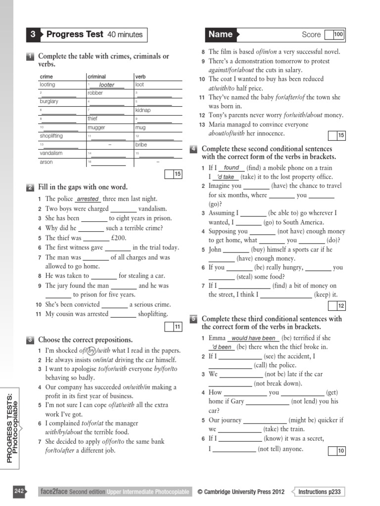 Progress Test 03 F2F UpperInt | PDF | Robbery | Theft