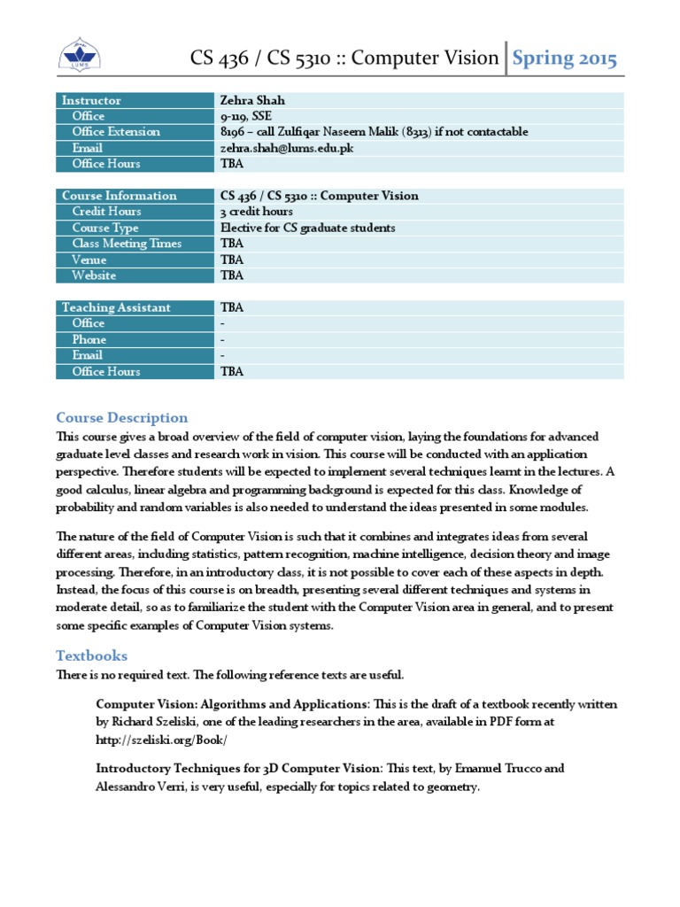 CS 436-CS 5310-Computer Vision-Zehra Shah | PDF | Computer Vision ...