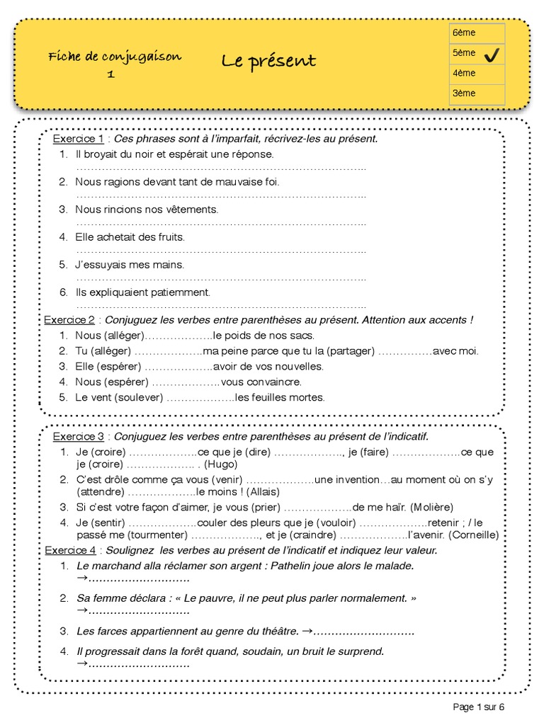 Exercice De Français 5eme Conjugaison à Imprimer Présent 5ème Évaluation 1 | PDF | Verbe | Mécanique du langage