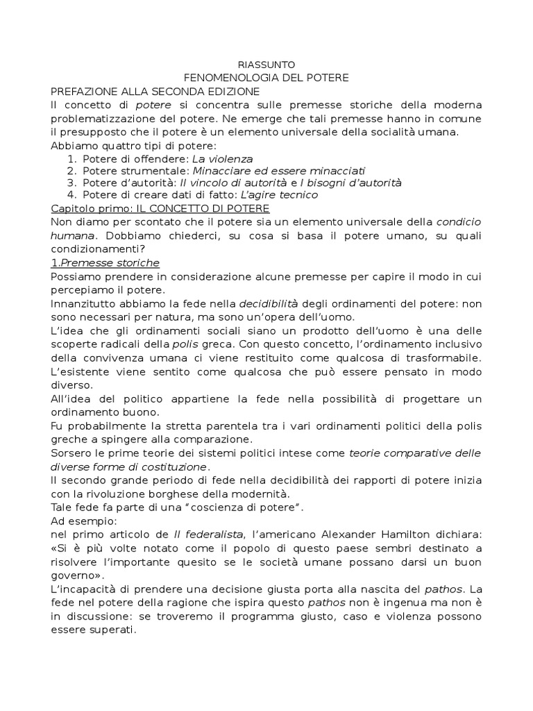 RIASSUNTO - Fenomenologia Del Potere | PDF