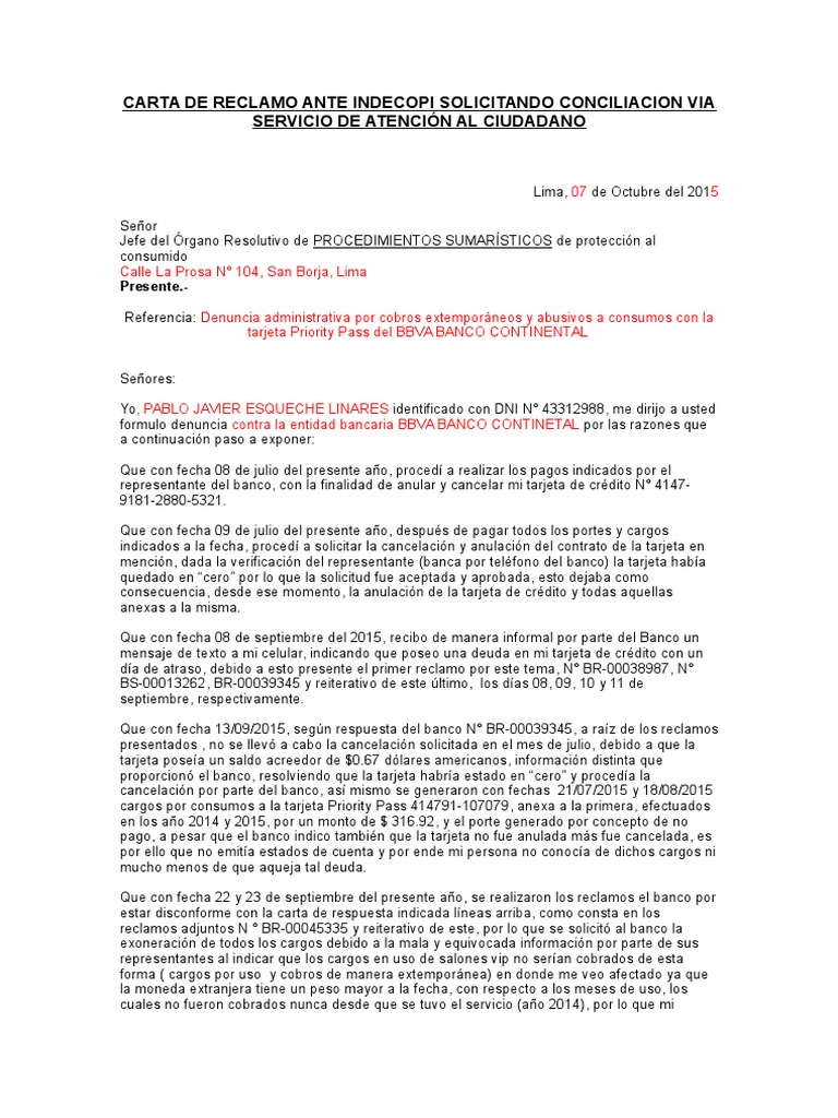 Modelo De Carta De Reclamo Ante Indecopi Solicitando Conciliacion Proteccion Al Consumidor Bancos