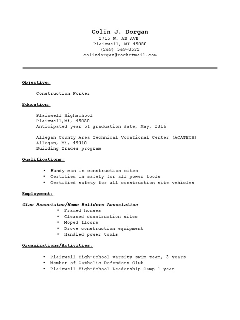 Colin Dorgan: Construction Worker Resume | PDF