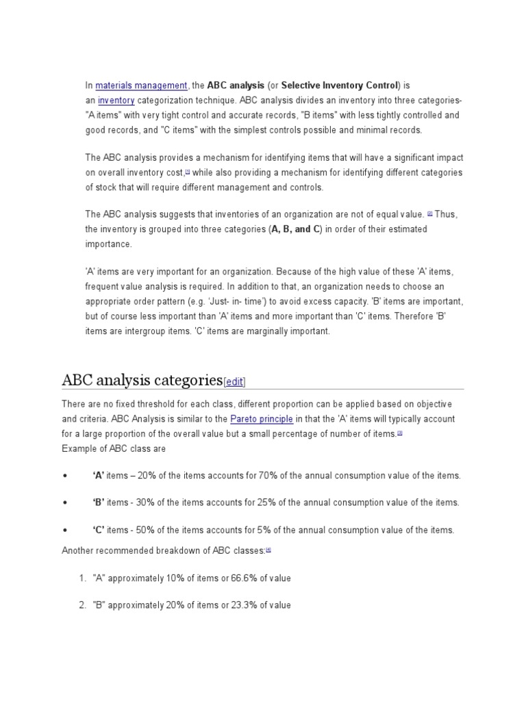 ABC Analysis Categories Materials Management Inventory PDF