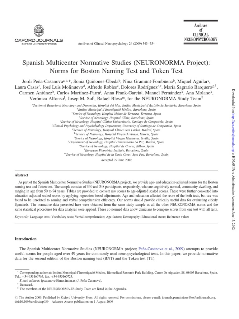 Norms For Boston Naming Test and Token Test Cognition Neuropsychology