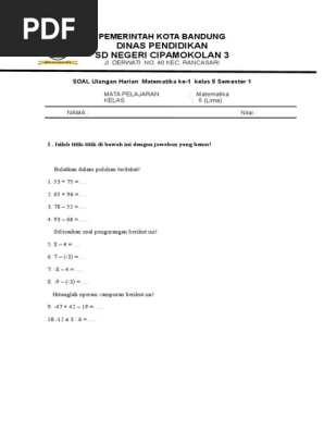 Soal Ulangan Harian Ke 1 Matematika Kelas 5 Semester 1