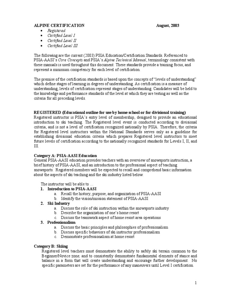 Psia Alpine Cert Standards PDF Teachers Lesson Plan