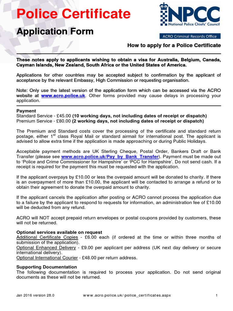 Police Certificatae Application Form Jan 2016 v28.0 | PDF | Address ...