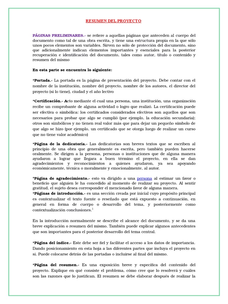 resumen de las partes de un proyecto Información Teoría