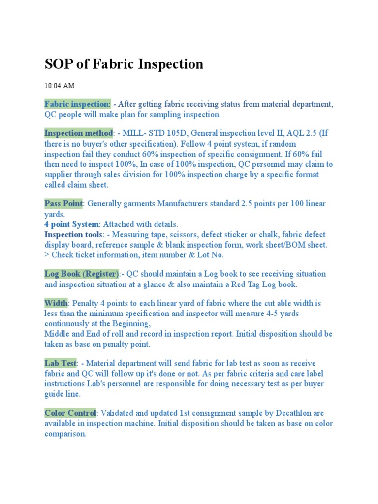 SOP of Fabric Inspection Knitting Fashion & Beauty