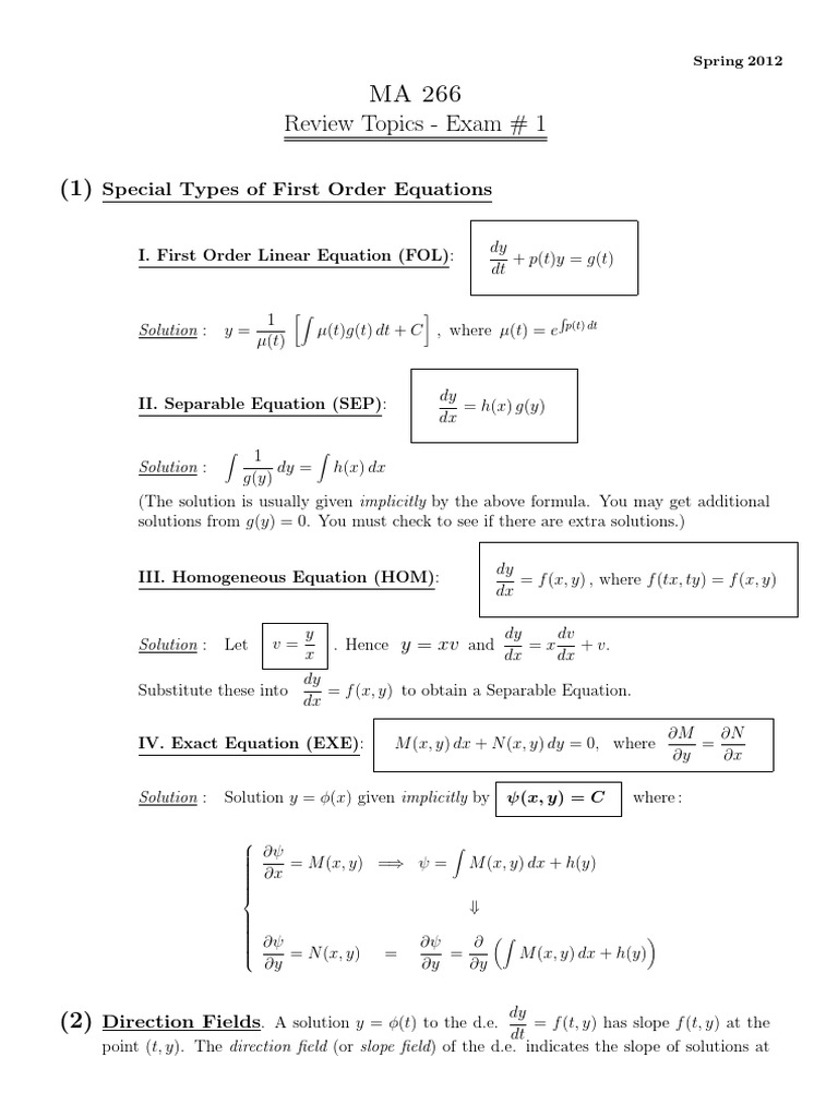MA 266 Exam 1 Review Topics | PDF | Differential Equations | Equations