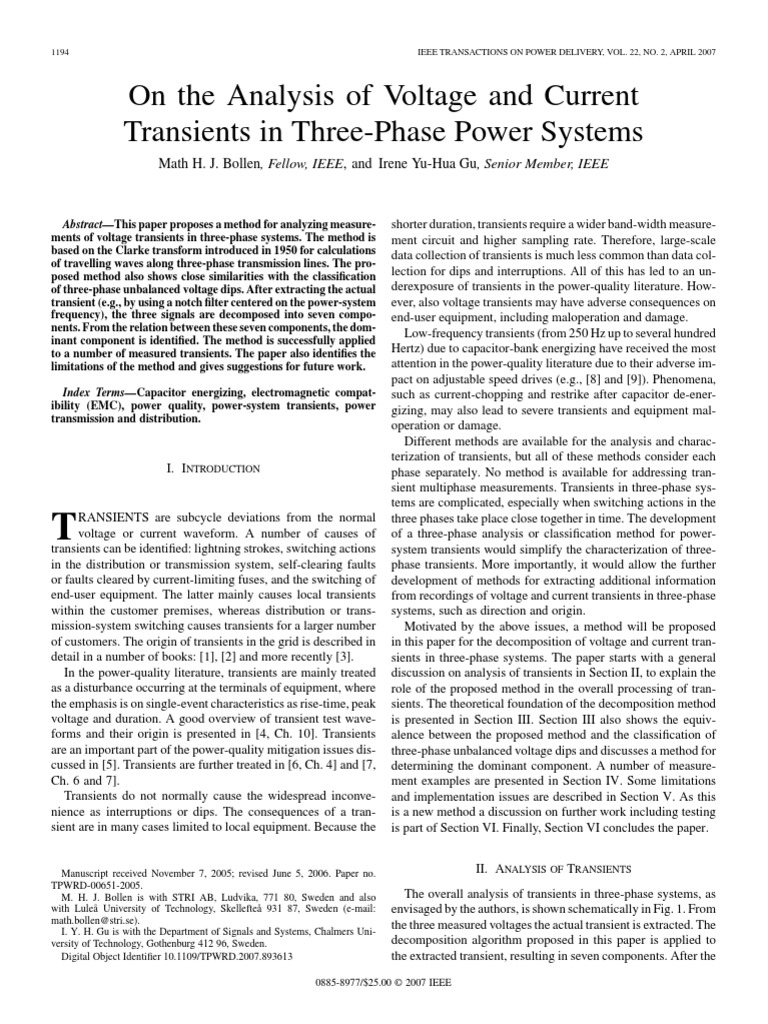 On The Analysis of Voltage and Current Transients in Three-Phase Power ...