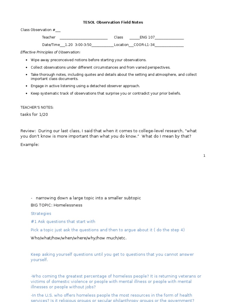 1 20 Eng 107 Tesol Observation Field Notes Tool 2 | PDF | Homelessness ...