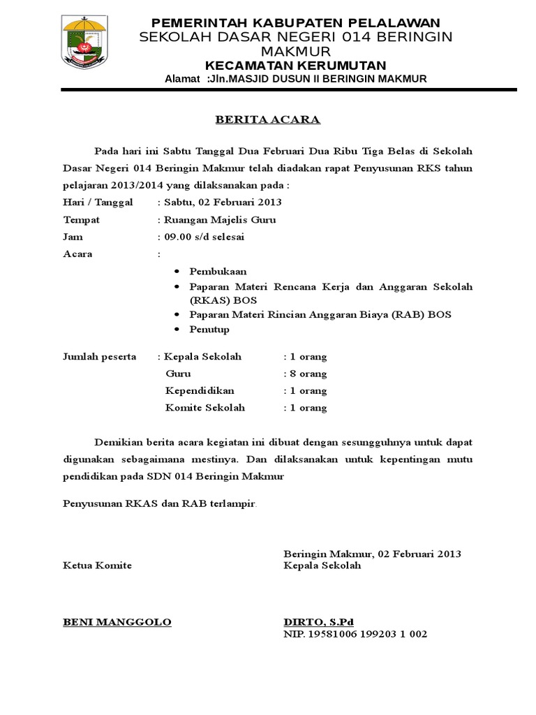 Contoh Berita Acara Rapat Komite Kumpulan Soal Pelajaran 8