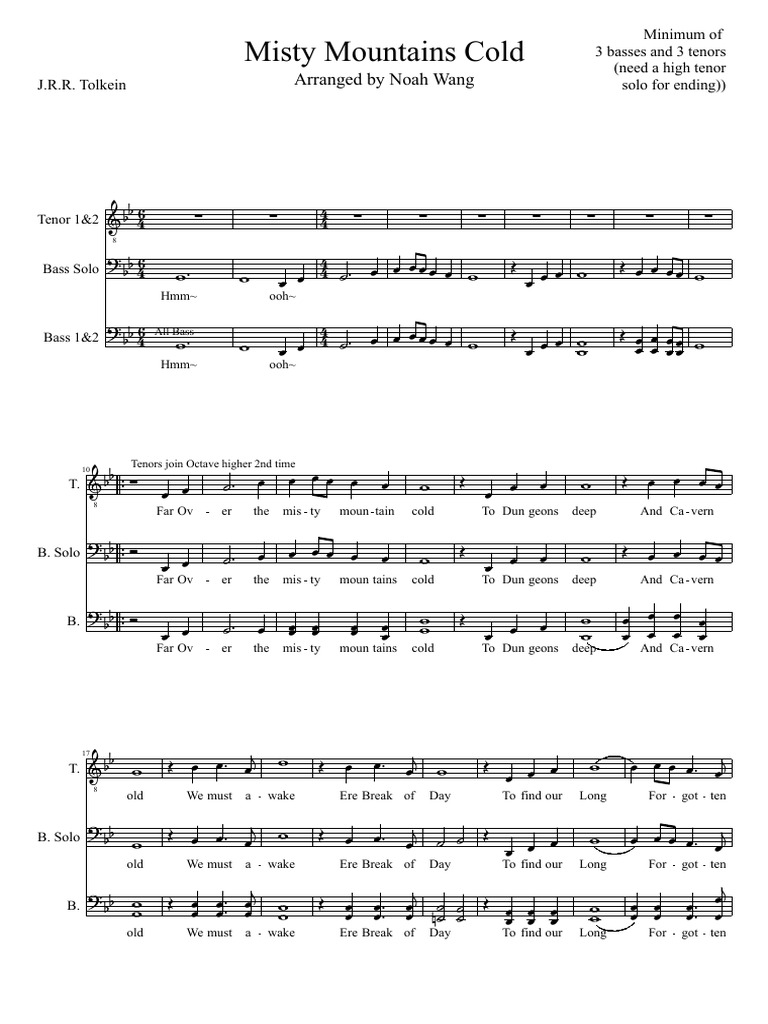 Misty Mountains Cold Vocal Sheet Music Nature