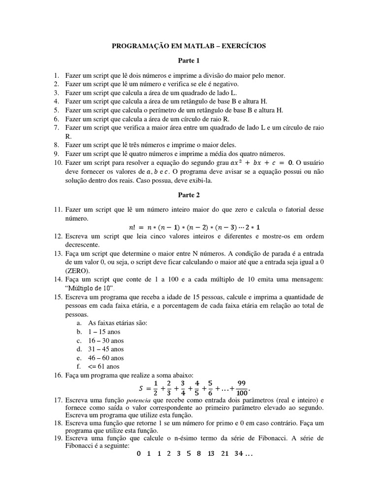 Exercícios de Programação em MATLAB | PDF | Linguagem de script | Matlab