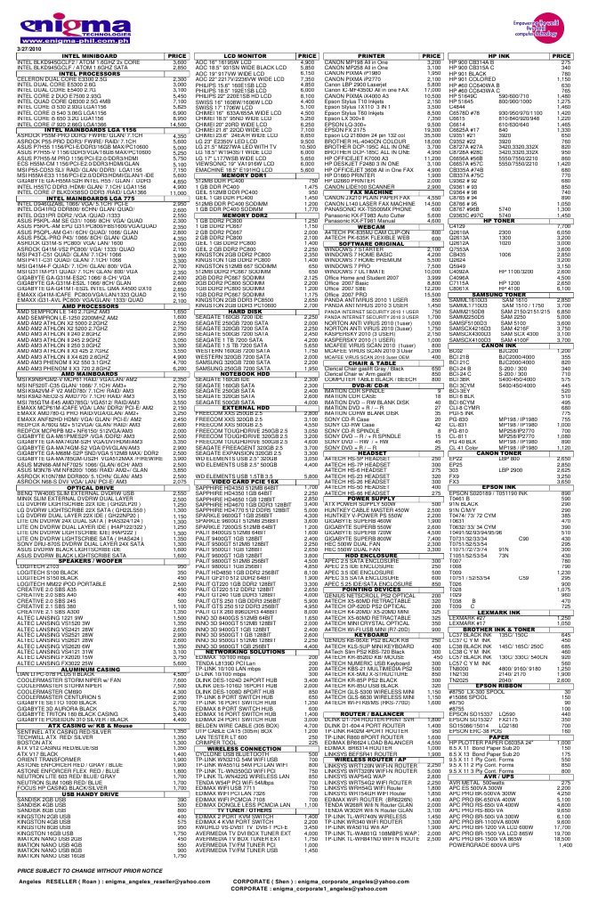 Price List Advanced Micro Devices Office Equipment