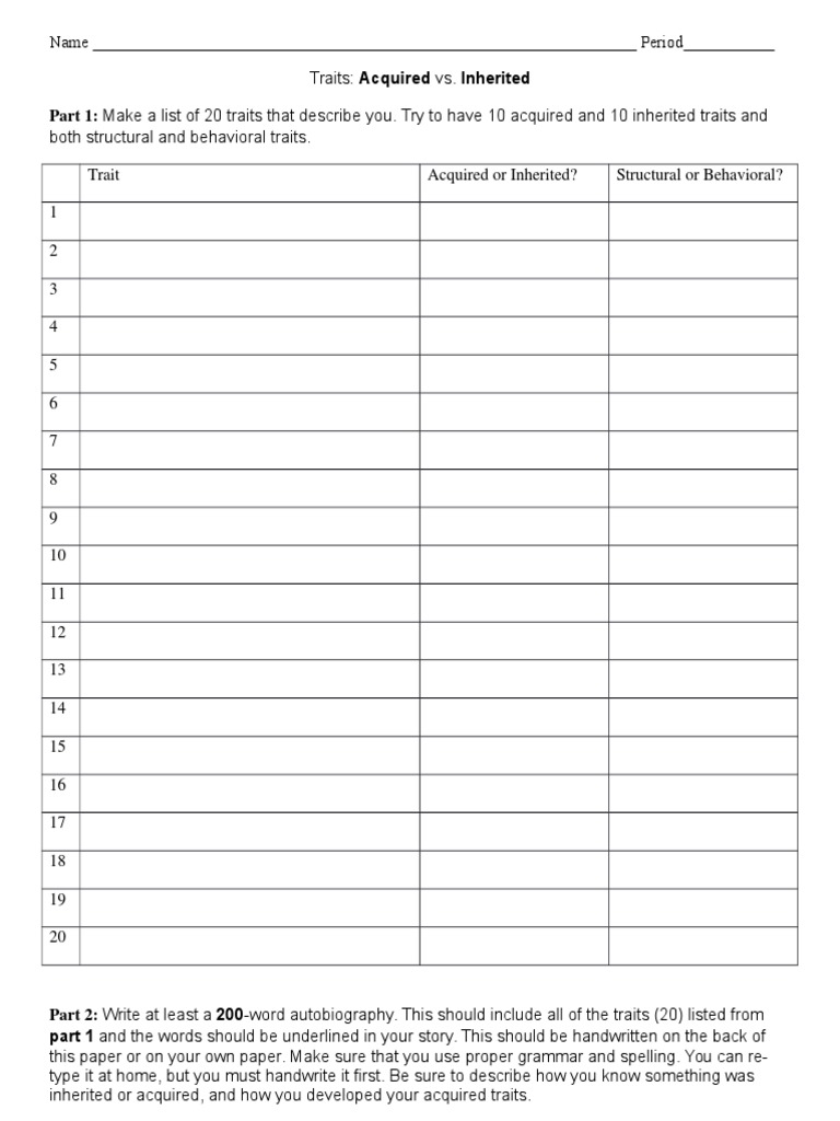 Acquired vs. Inherited Traits Assignment | PDF