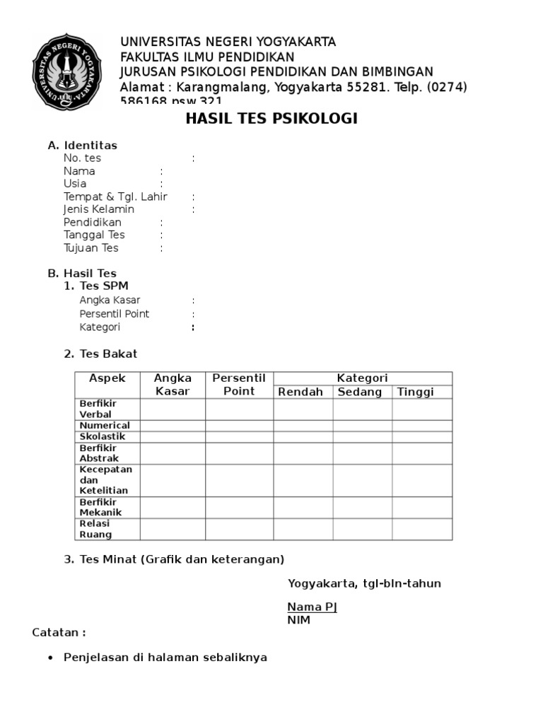 Format Hasil Tes Psikologi Format Hasil Tes Psikologi
