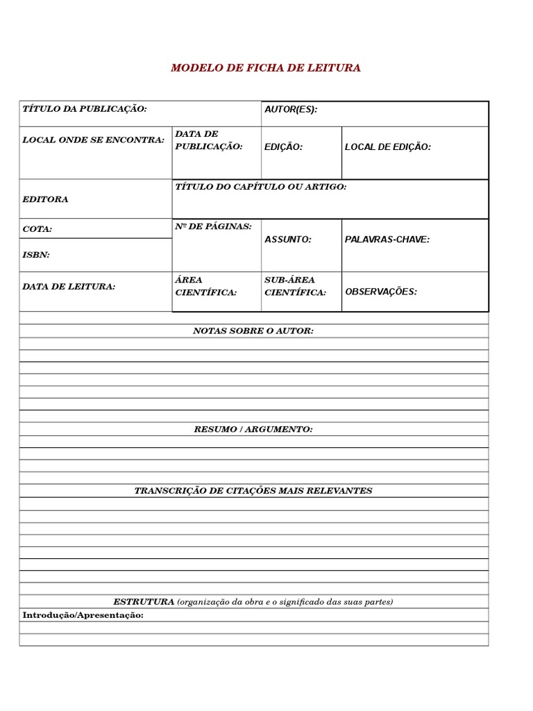 Modelo de Ficha Leitura Nível Universitário