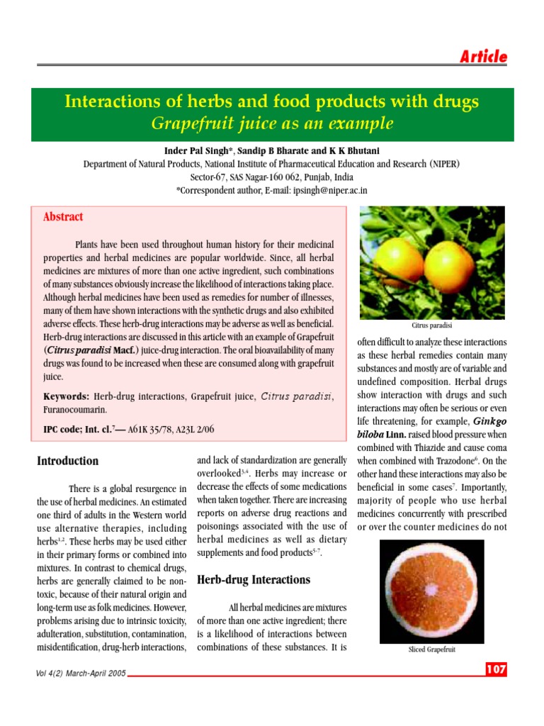 Interactions of Herbs and Food Products With Drugs Grapefruit Juice As