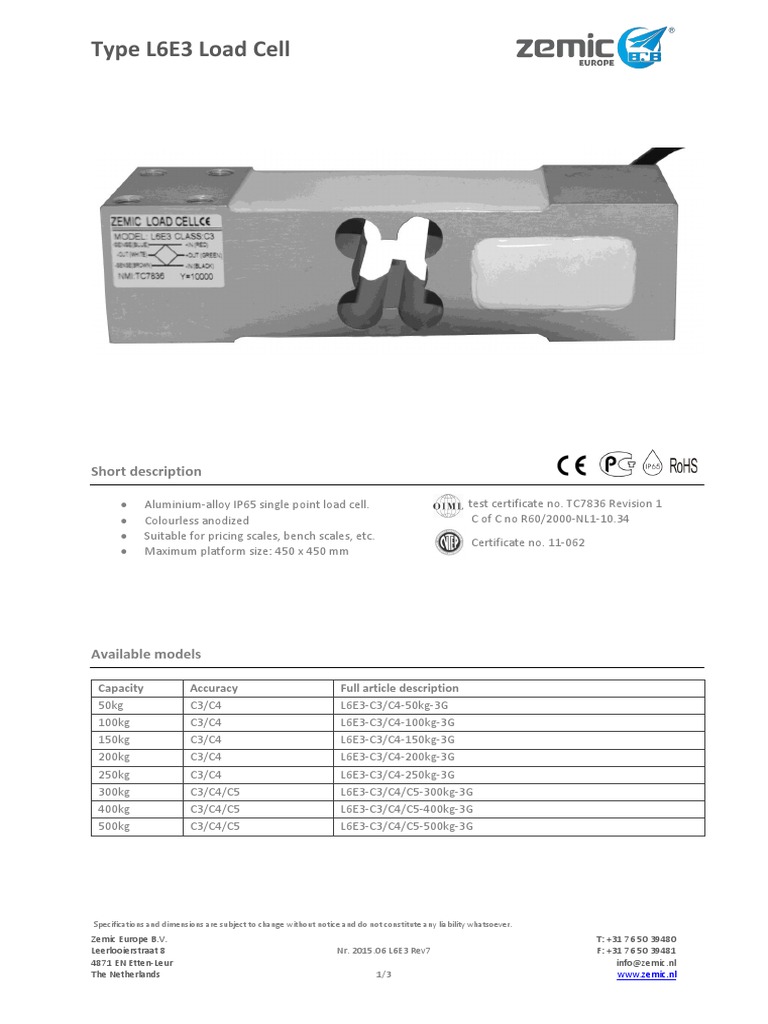 Zemic L6E3 Load Cell Specifications | PDF