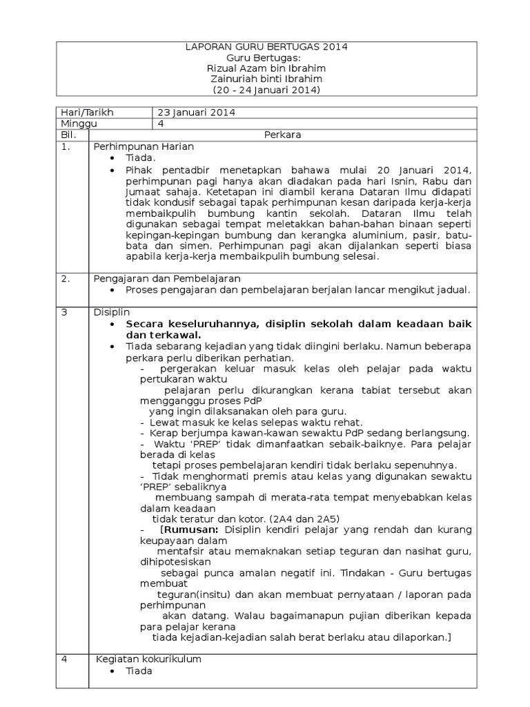 Contoh Laporan Guru Bertugas | PDF