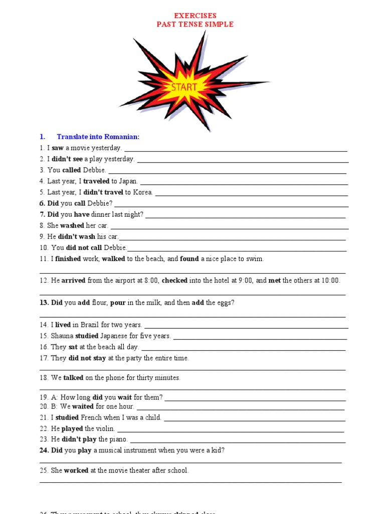 Past Tense Simple Exercises Verb Linguistics