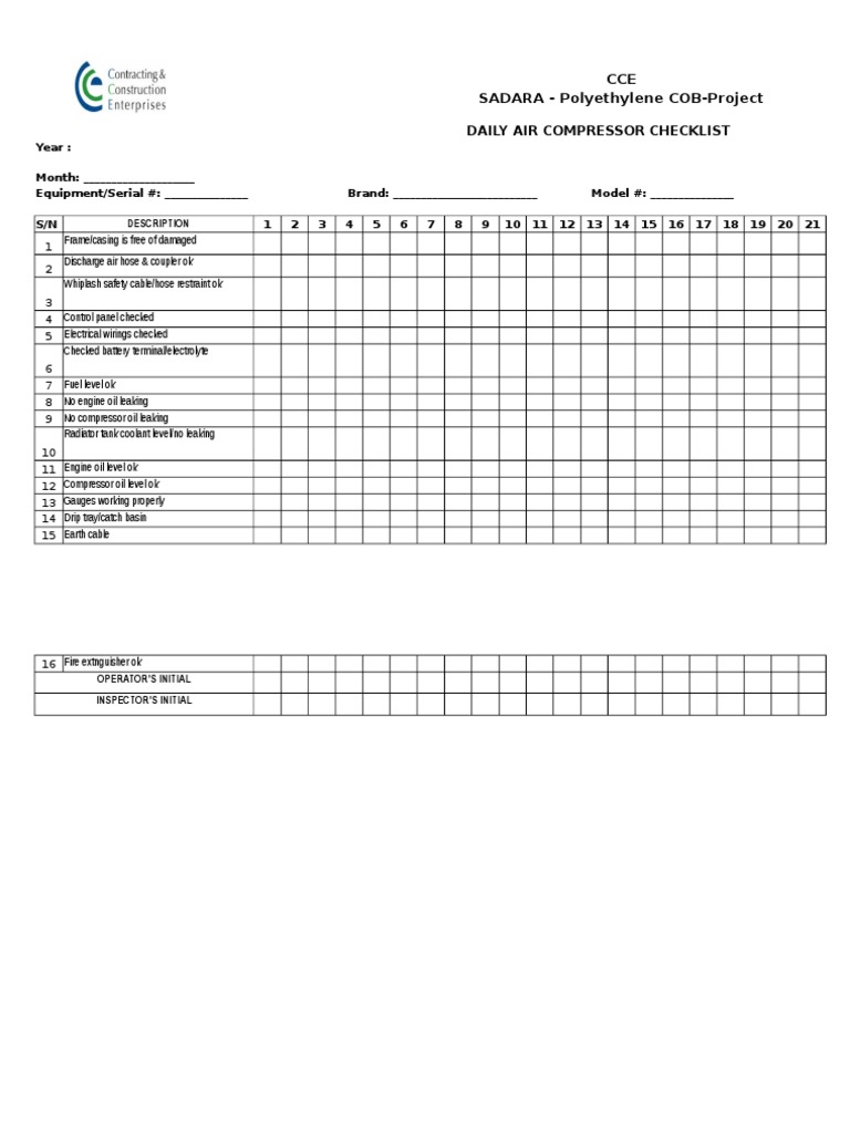 Air Compressor Checklist Excel Fill Online Printable vrogue.co