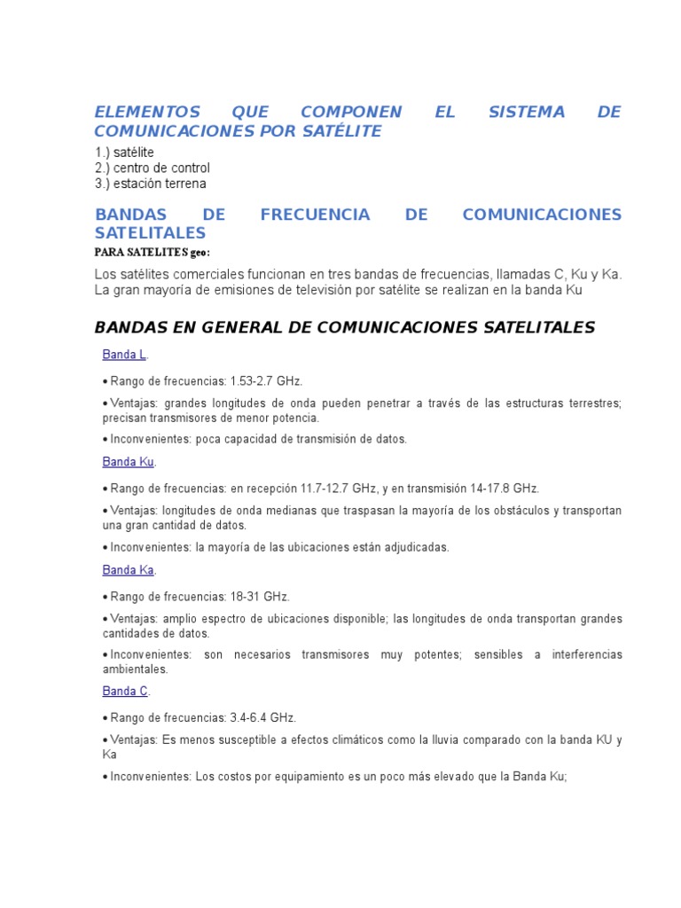 Componentes y Bandas de Comunicaciones Satelitales | PDF | Satélite de ...