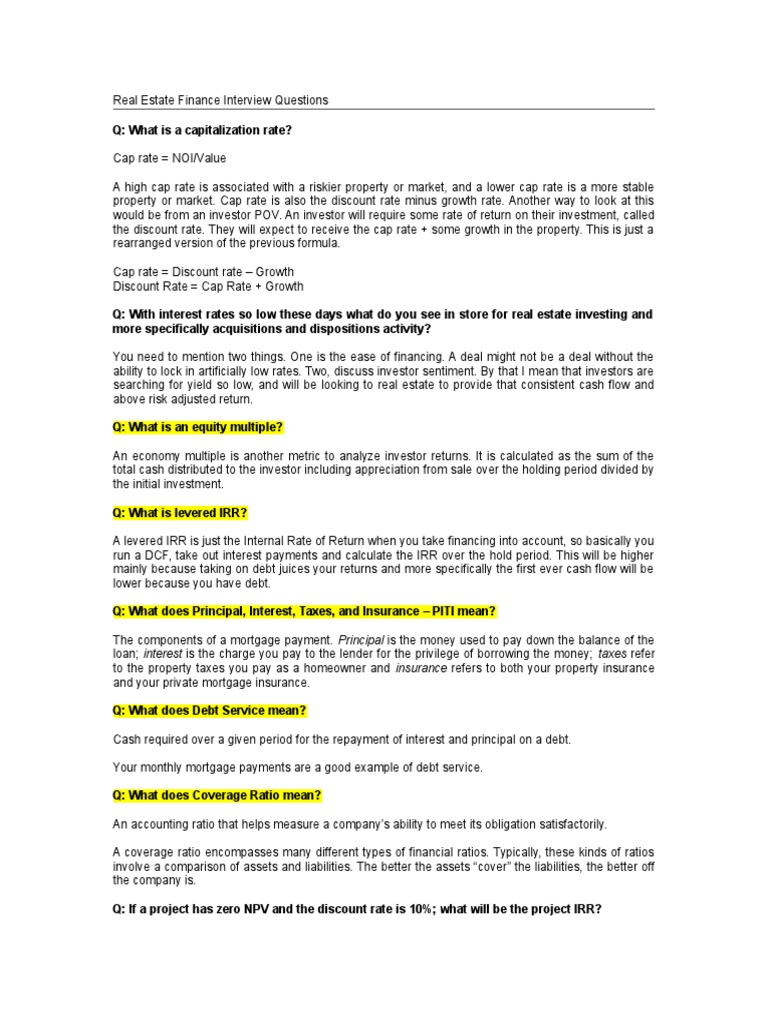 Real Estate Finance Interview Questions Mortgage Loan Yield (Finance)