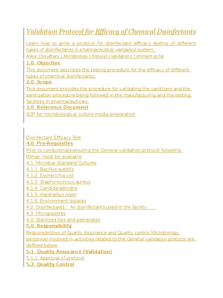 Validation Protocol for Efficacy of Chemical Disinfectants