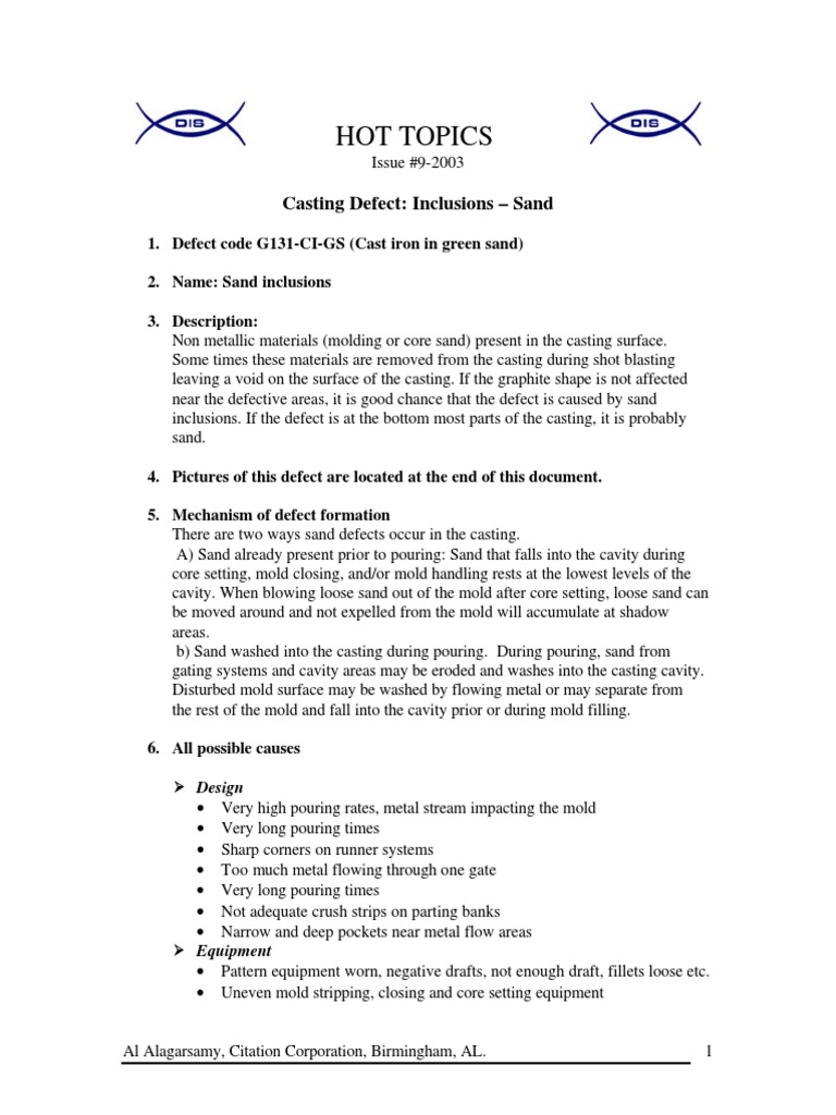 Hot Topics: Casting Defect: Inclusions - Sand | PDF | Casting ...