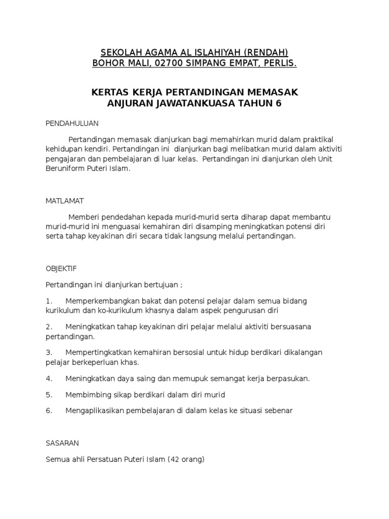 Kertas Kerja Pertandingan Memasak 2015 Pdf