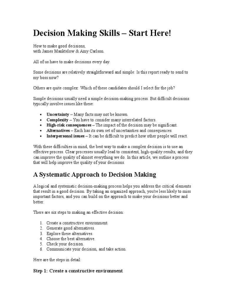 Decision Making Skills PDF Decision Making Risk