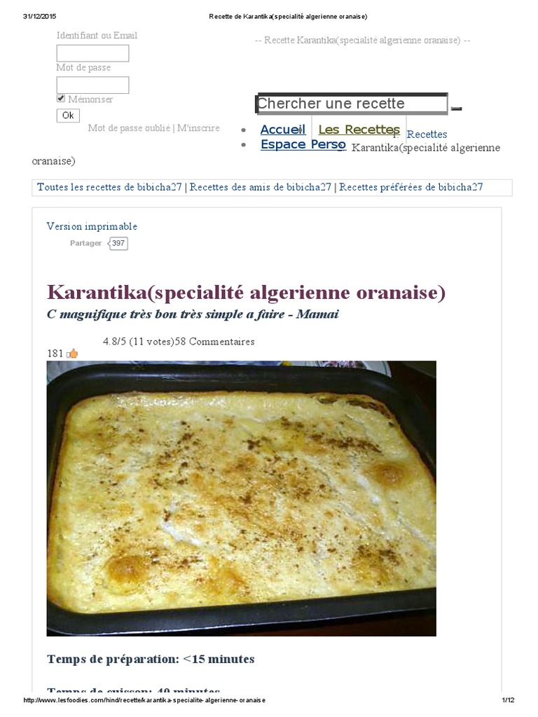 Recette de Karantika Oranaise | PDF | Cuisine | Nourritures