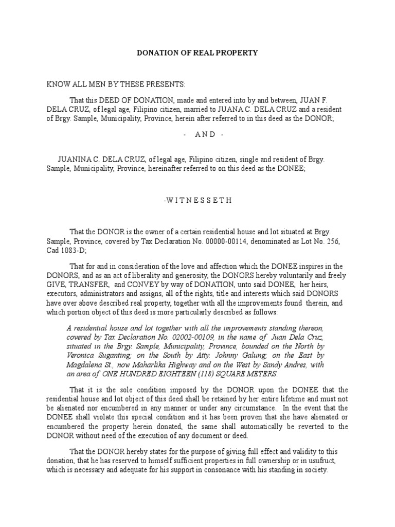 Donation of Real Property Deed Civil Law Law)