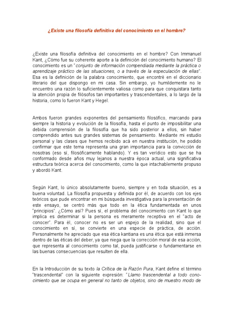 Kant Ensayo Filosofico Immanuel Kant Conocimiento
