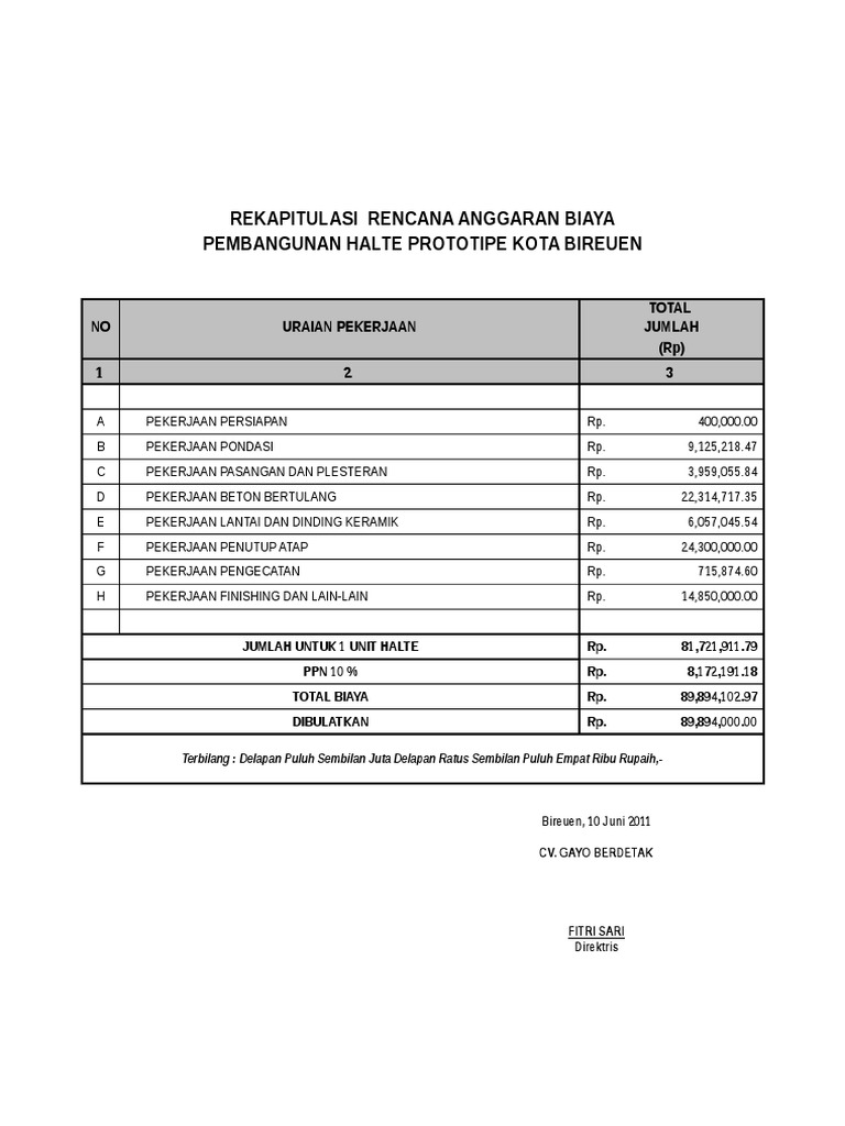 Rencana Anggaran Pembangunan Halte Bireuen | PDF
