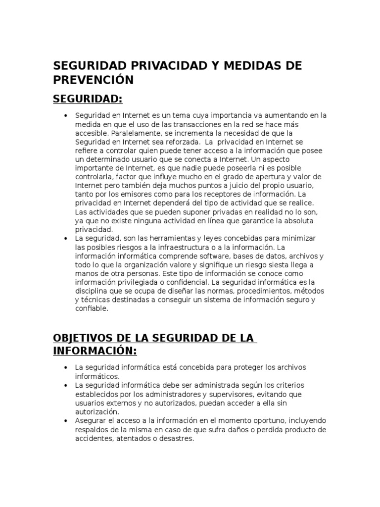 Seguridad Privacidad y Medidas de Prevención | PDF