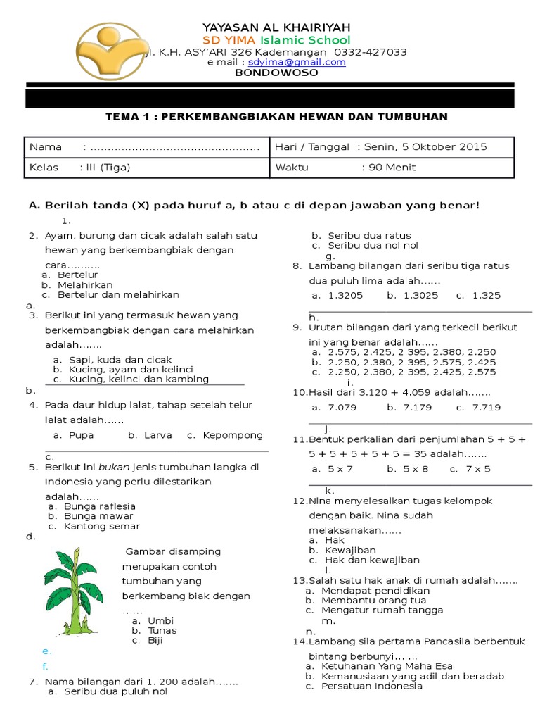 Contoh Soal Uts Kelas 3 Sd Semester 1 Kurikulum 2013