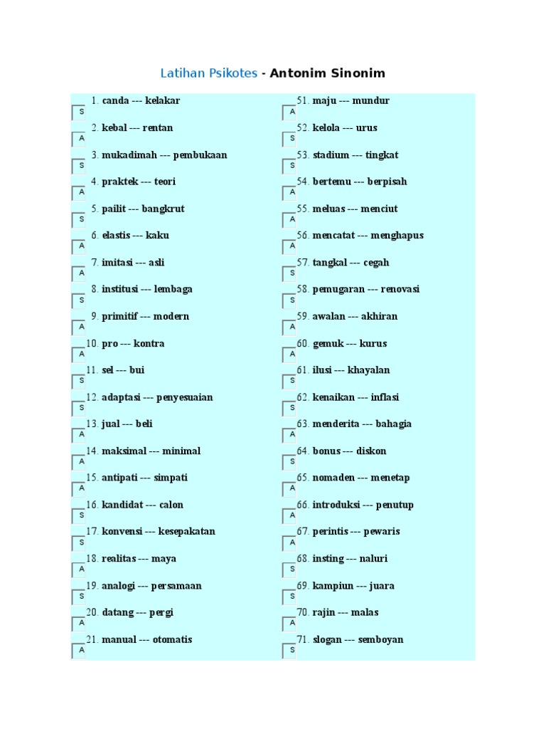 Latihan Psikotes Antonim Sinonim