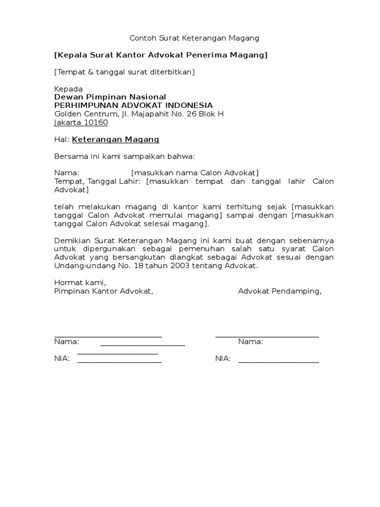 Contoh Surat Keterangan Magang Advokat Audit Kinerja