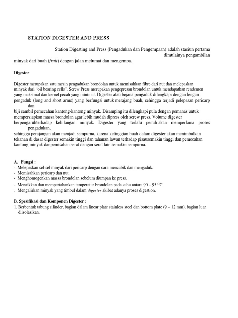 Komponen dan Fungsi Digester Press | PDF | Teknologi & Rekayasa