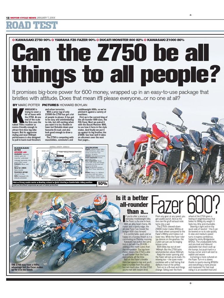Kawasaki Z750 vs Yamaha FZ6 Review | PDF | Suspension (Vehicle