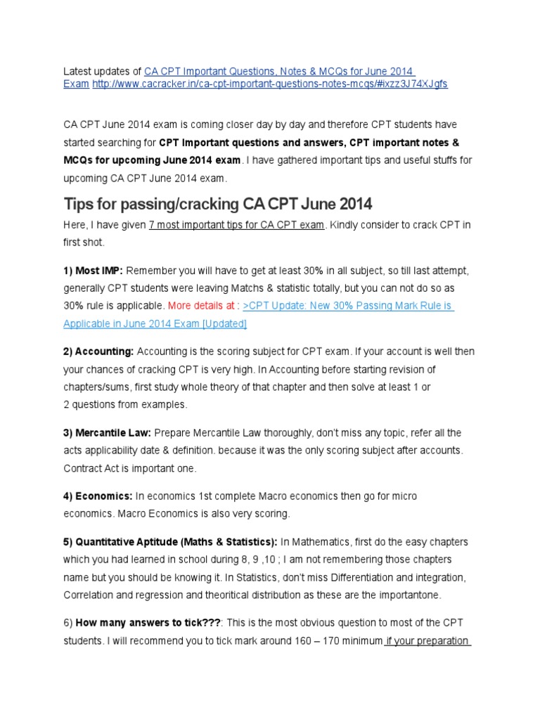 Tips For Passing/cracking CA CPT June 2014 | PDF