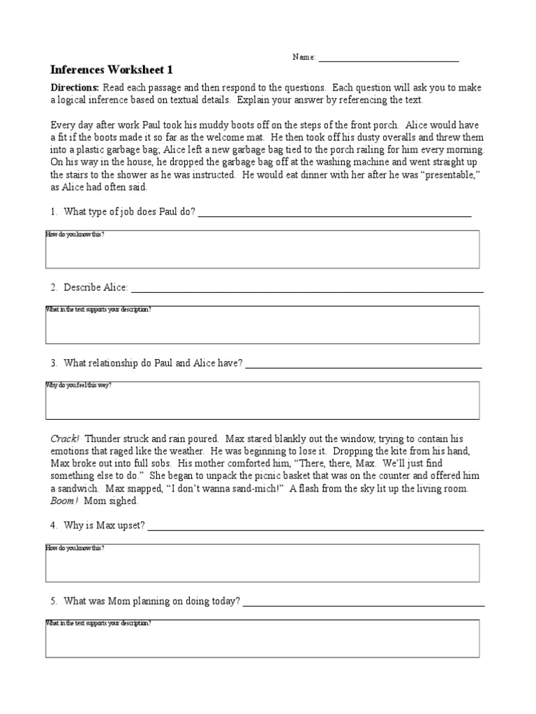 Inferences Worksheet 1 | Leisure